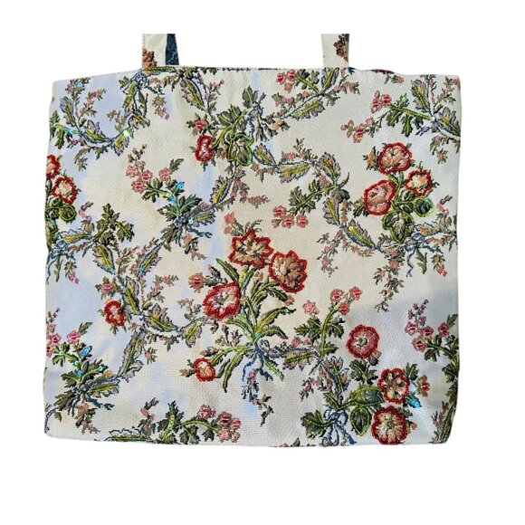 Floral Tapestry Tote Bag With Dual Handles Handbag Purse Womens Zipper Closure - Picture 2 of 9